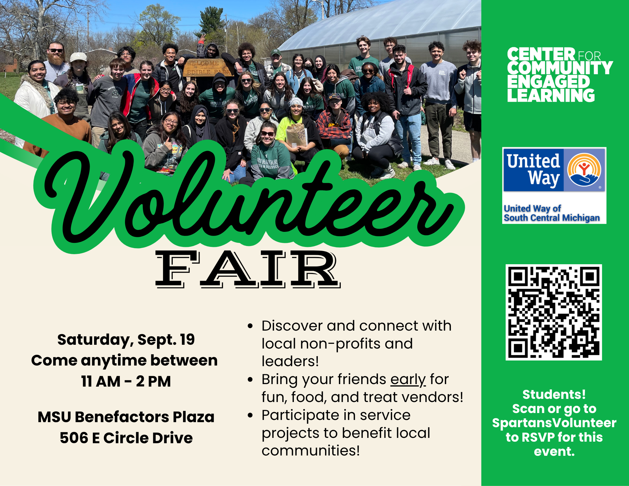 A half-page graphic invitation to the Volunteer fair. It includes the Center for Community Engaged Learning and United Way of South Central Michigan logos as well as a QR code for the RSVP link above.